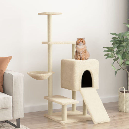 Cat house with sisal rope scratching post, cream, 130.5 cm