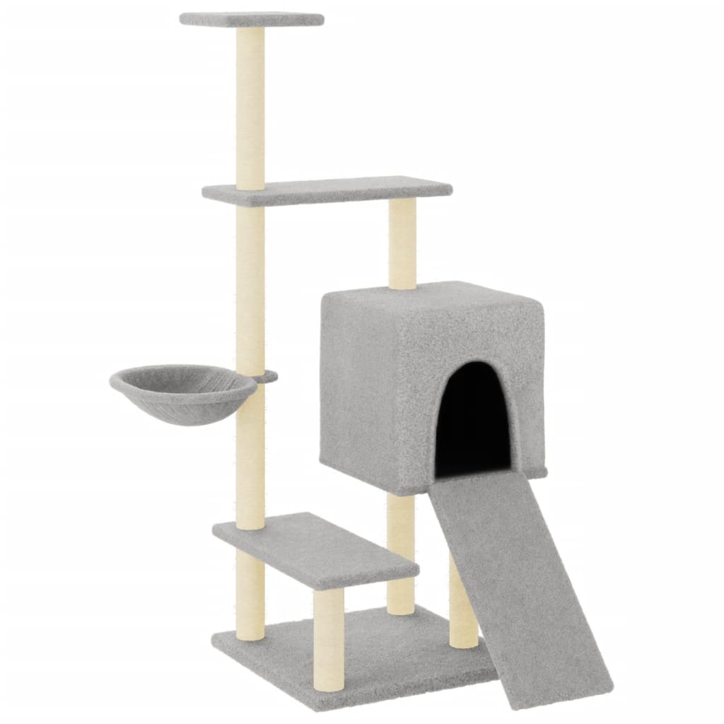 Cat house with sisal rope and scratching post, light grey, 130.5 cm