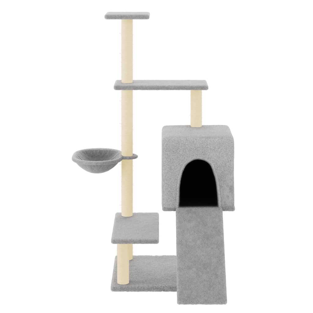 Cat house with sisal rope and scratching post, light grey, 130.5 cm