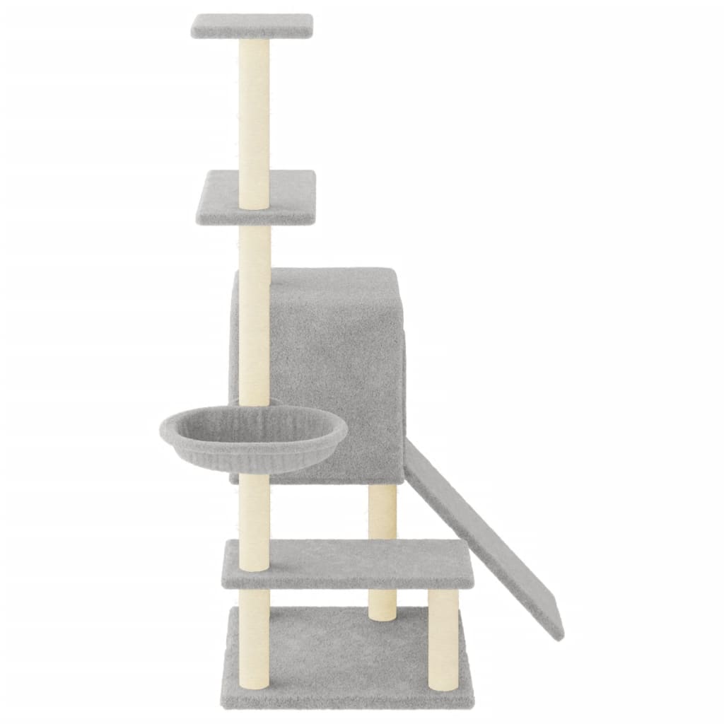 Cat house with sisal rope and scratching post, light grey, 130.5 cm