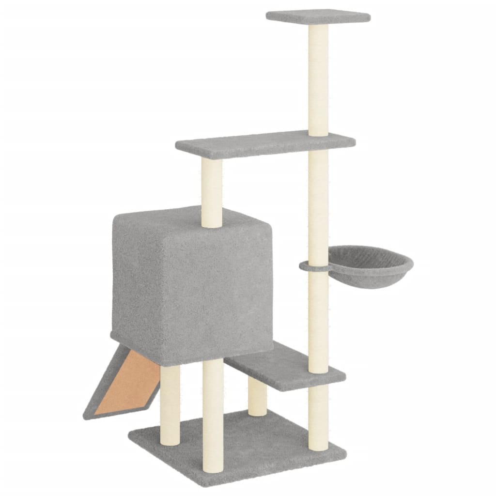 Cat house with sisal rope and scratching post, light grey, 130.5 cm