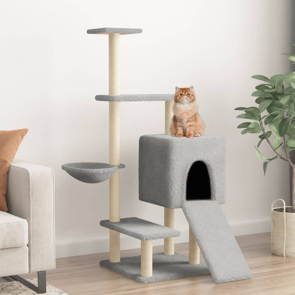 Cat house with sisal rope and scratching post, light grey, 130.5 cm