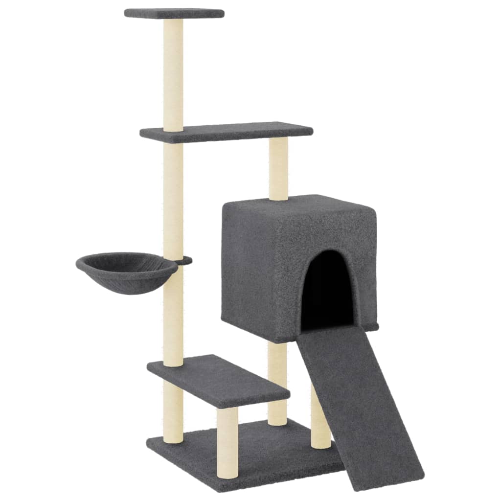 Cat house with sisal rope scratching post, dark grey, 130.5 cm