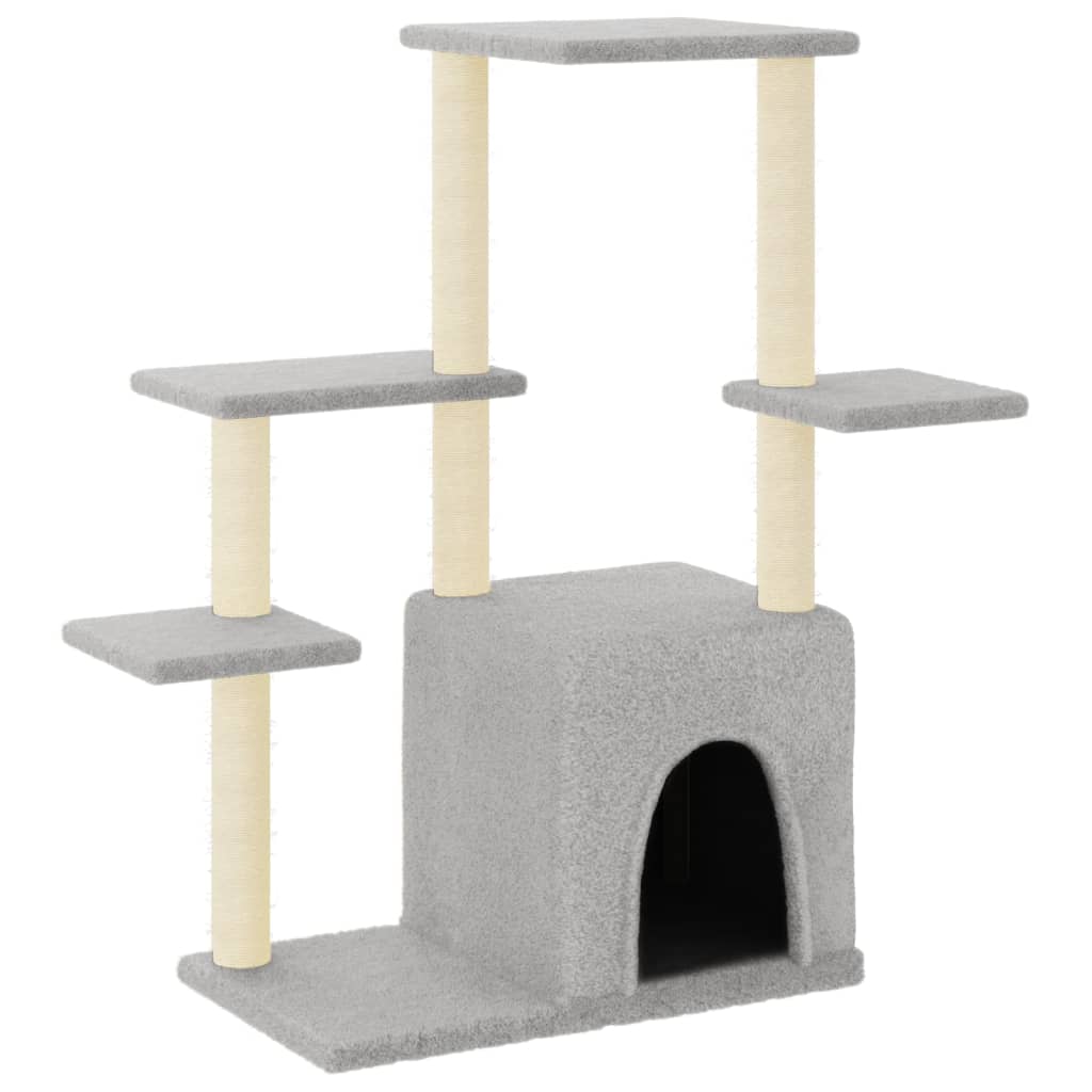 Cat house with sisal rope and scratching post, light grey, 97.5 cm