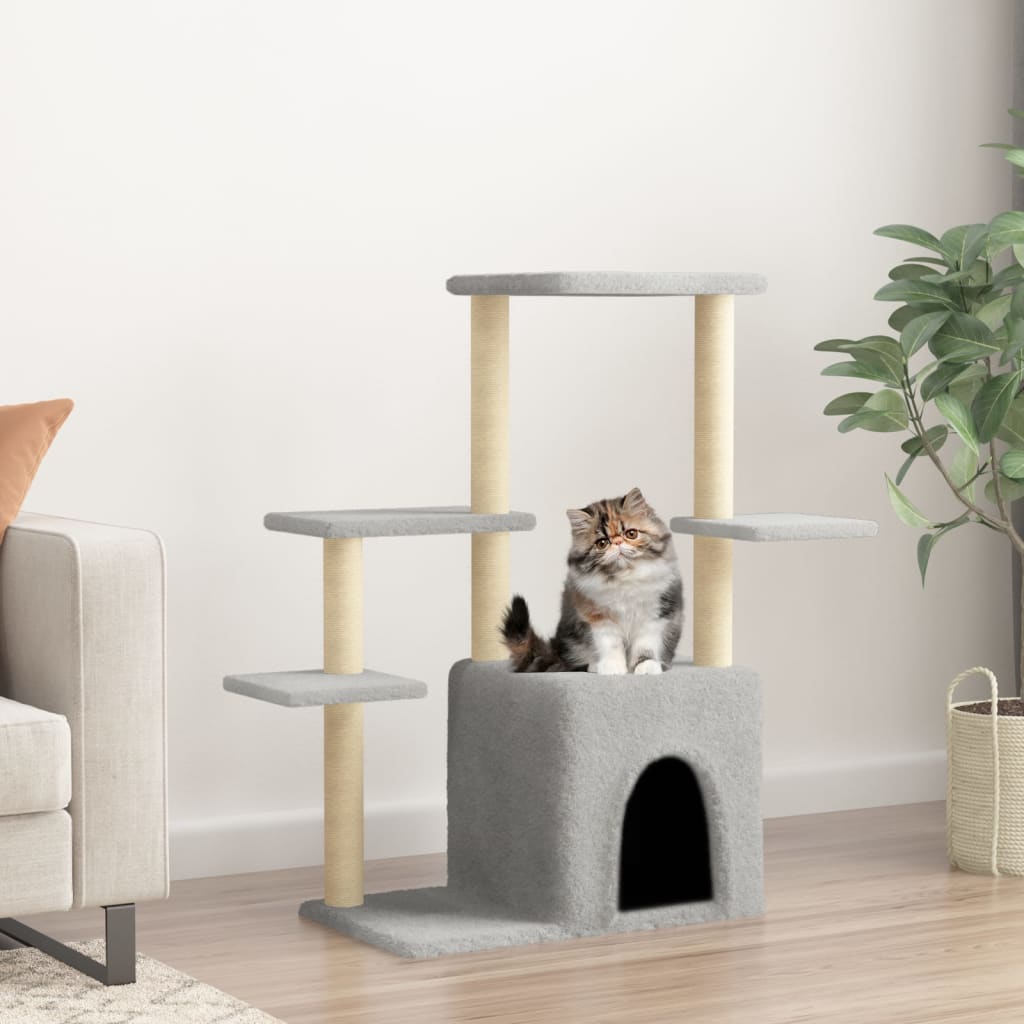 Cat house with sisal rope and scratching post, light grey, 97.5 cm