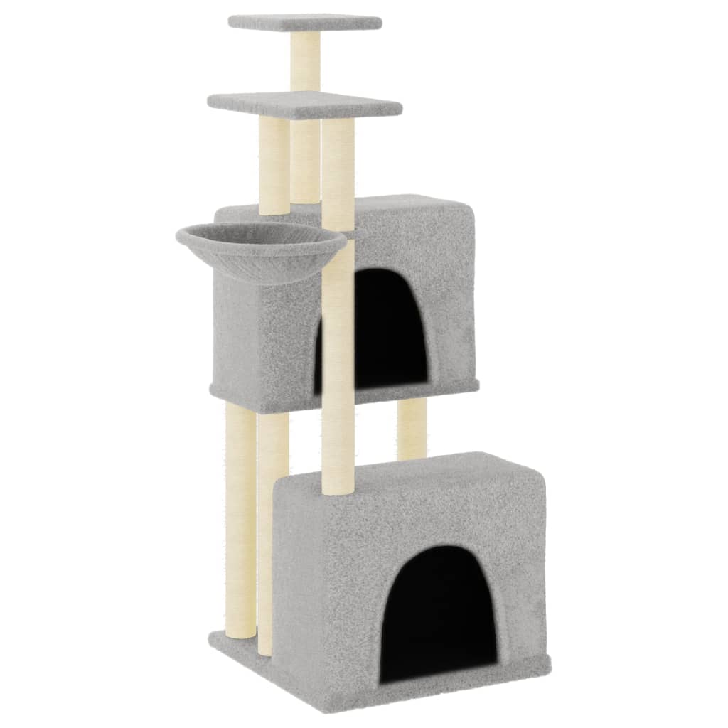 Cat house with sisal rope and scratching post, light grey, 122 cm