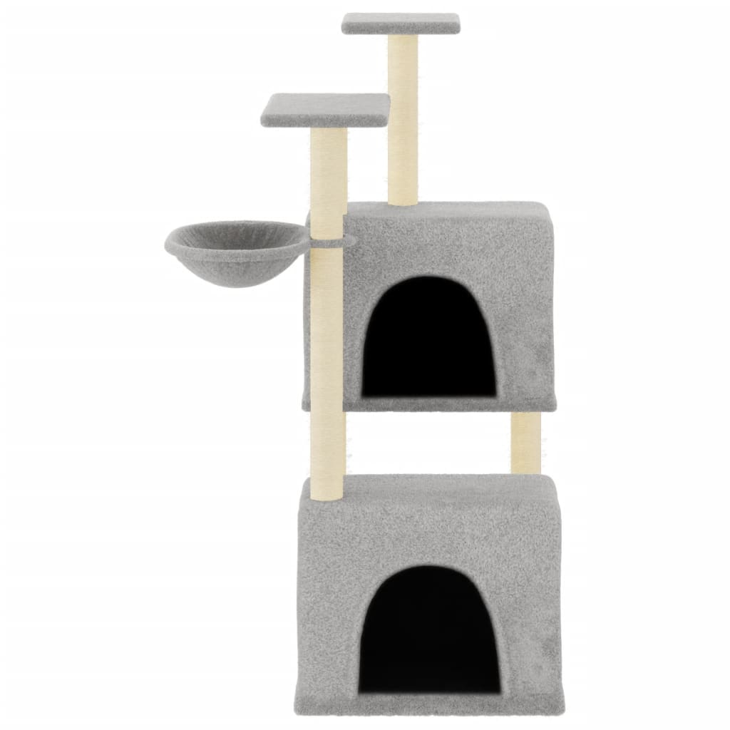 Cat house with sisal rope and scratching post, light grey, 122 cm