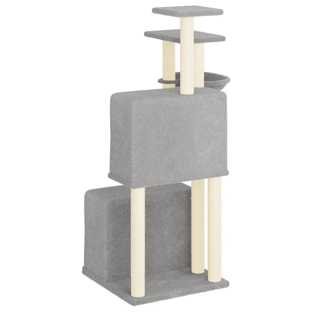 Cat house with sisal rope and scratching post, light grey, 122 cm