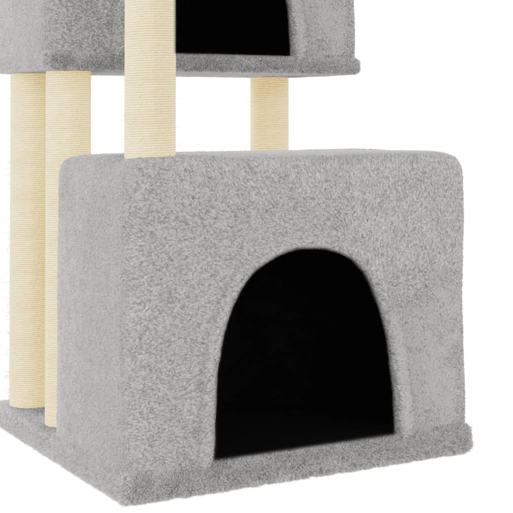 Cat house with sisal rope and scratching post, light grey, 122 cm