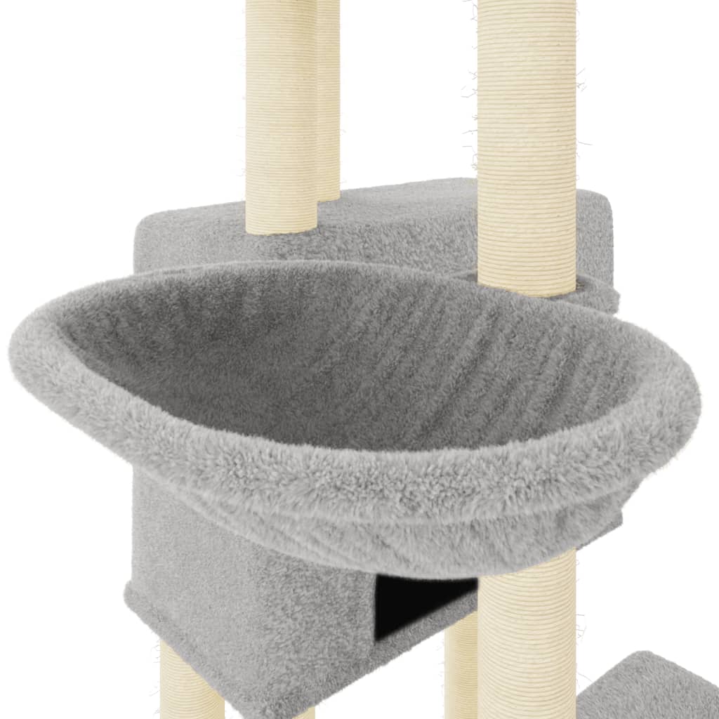 Cat house with sisal rope and scratching post, light grey, 122 cm