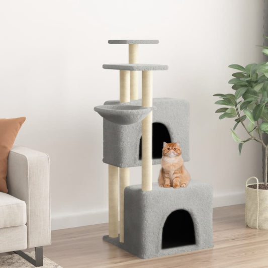 Cat house with sisal rope and scratching post, light grey, 122 cm