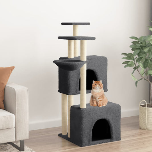 Cat house with sisal rope scratching posts, dark grey, 122 cm