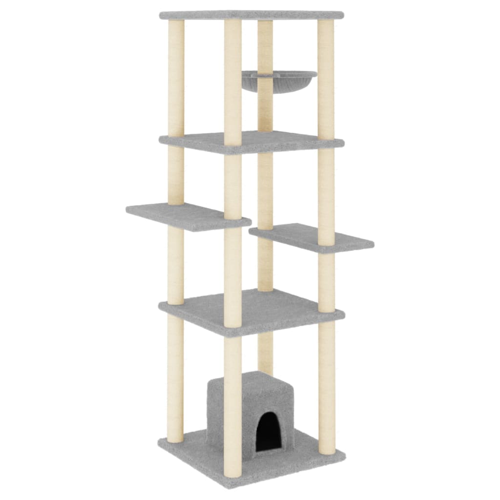 Cat house with sisal rope and scratching post, light grey, 154 cm