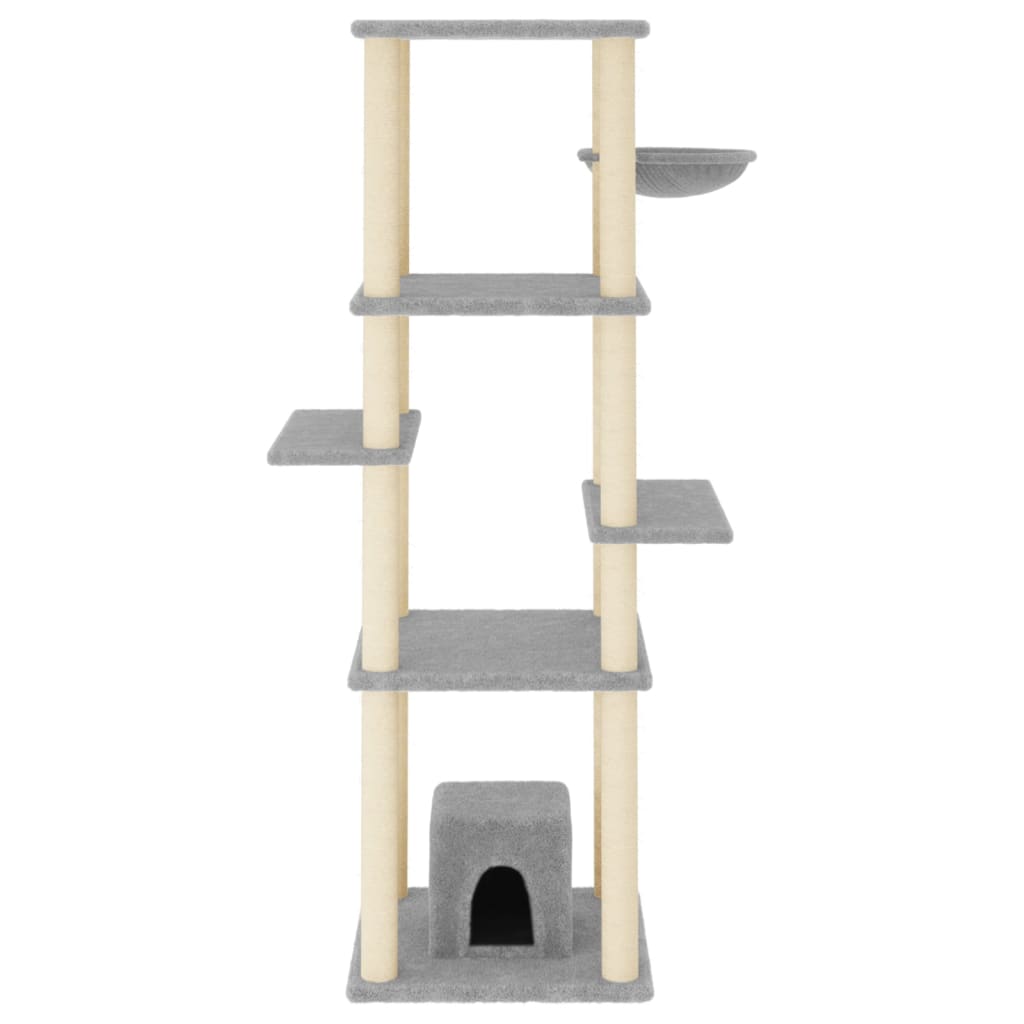 Cat house with sisal rope and scratching post, light grey, 154 cm