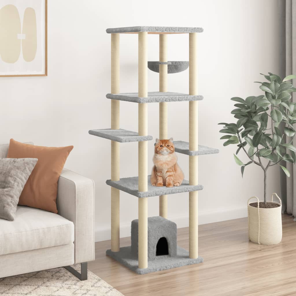 Cat house with sisal rope and scratching post, light grey, 154 cm