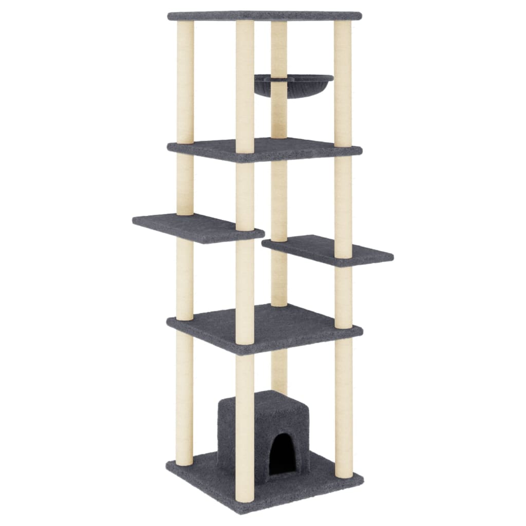 Cat house with sisal rope and scratching post, dark grey, 154 cm