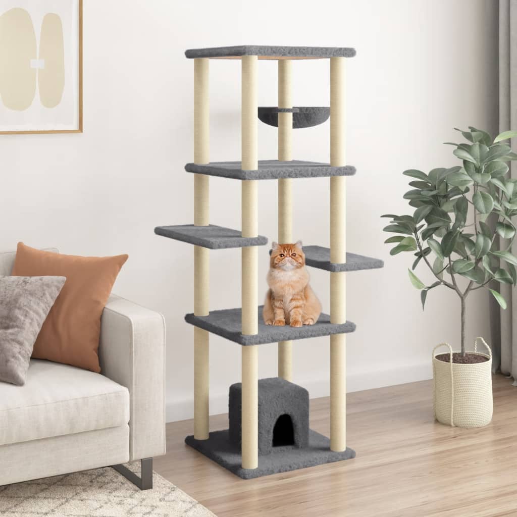 Cat house with sisal rope and scratching post, dark grey, 154 cm