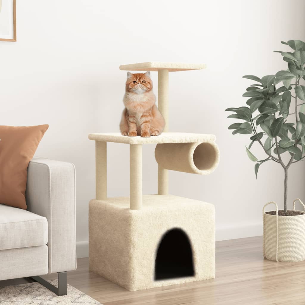 Cat house with sisal rope scratching posts, cream, 109.5 cm