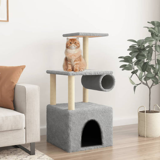 Cat house with sisal rope scratching posts, light grey, 109.5 cm