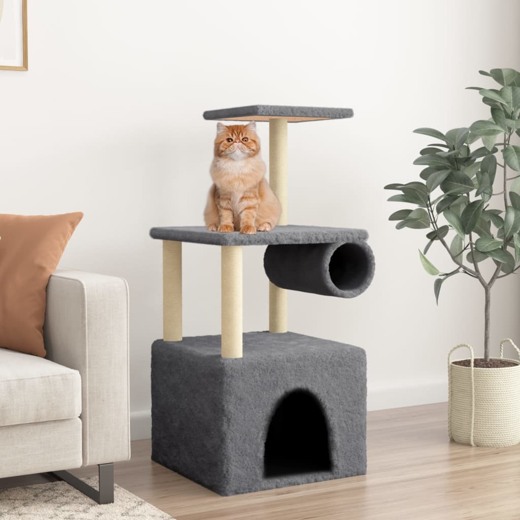 Cat house with sisal rope scratching posts, dark grey, 109.5 cm