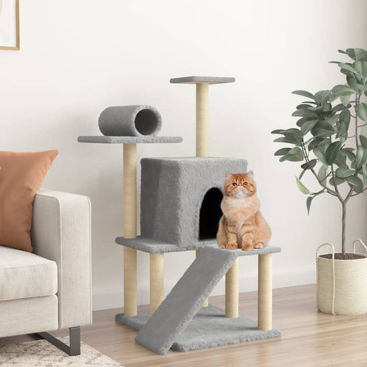 Cat house with sisal rope scratching posts, light grey, 110.5 cm