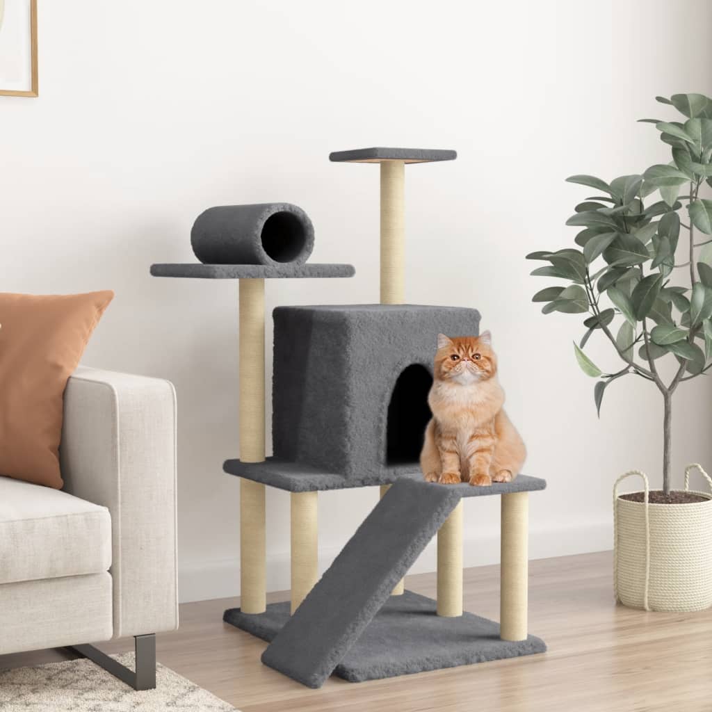 Cat house with sisal rope scratching posts, dark grey, 110.5 cm