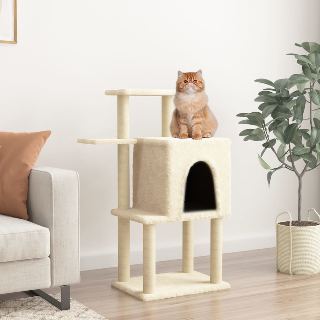 Cat house with sisal rope scratching posts, cream, 97 cm