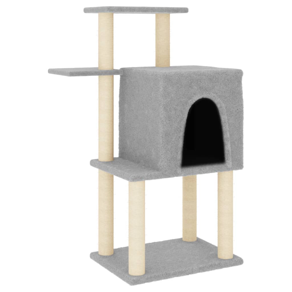 Cat house with sisal rope scratching posts, light grey, 97 cm