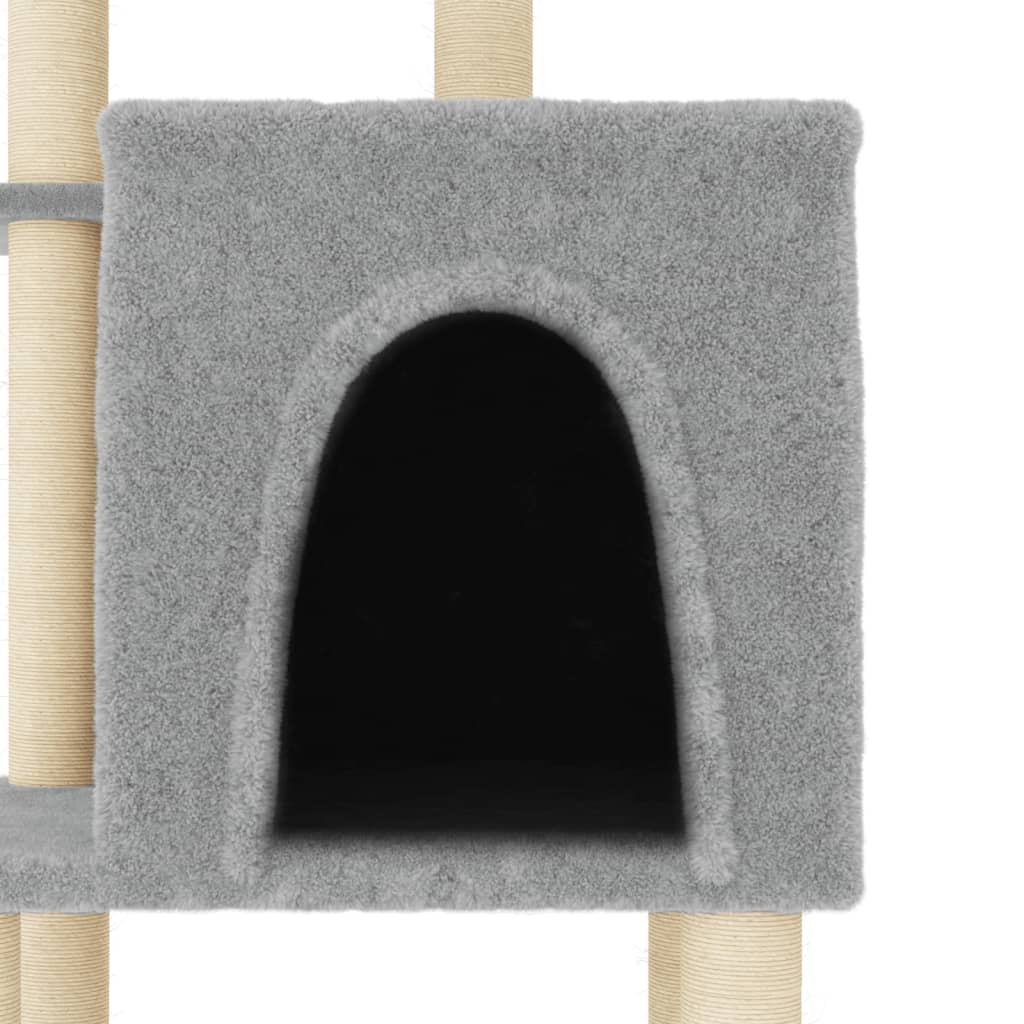 Cat house with sisal rope scratching posts, light grey, 97 cm