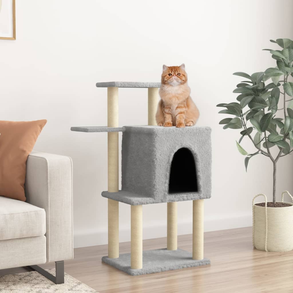 Cat house with sisal rope scratching posts, light grey, 97 cm