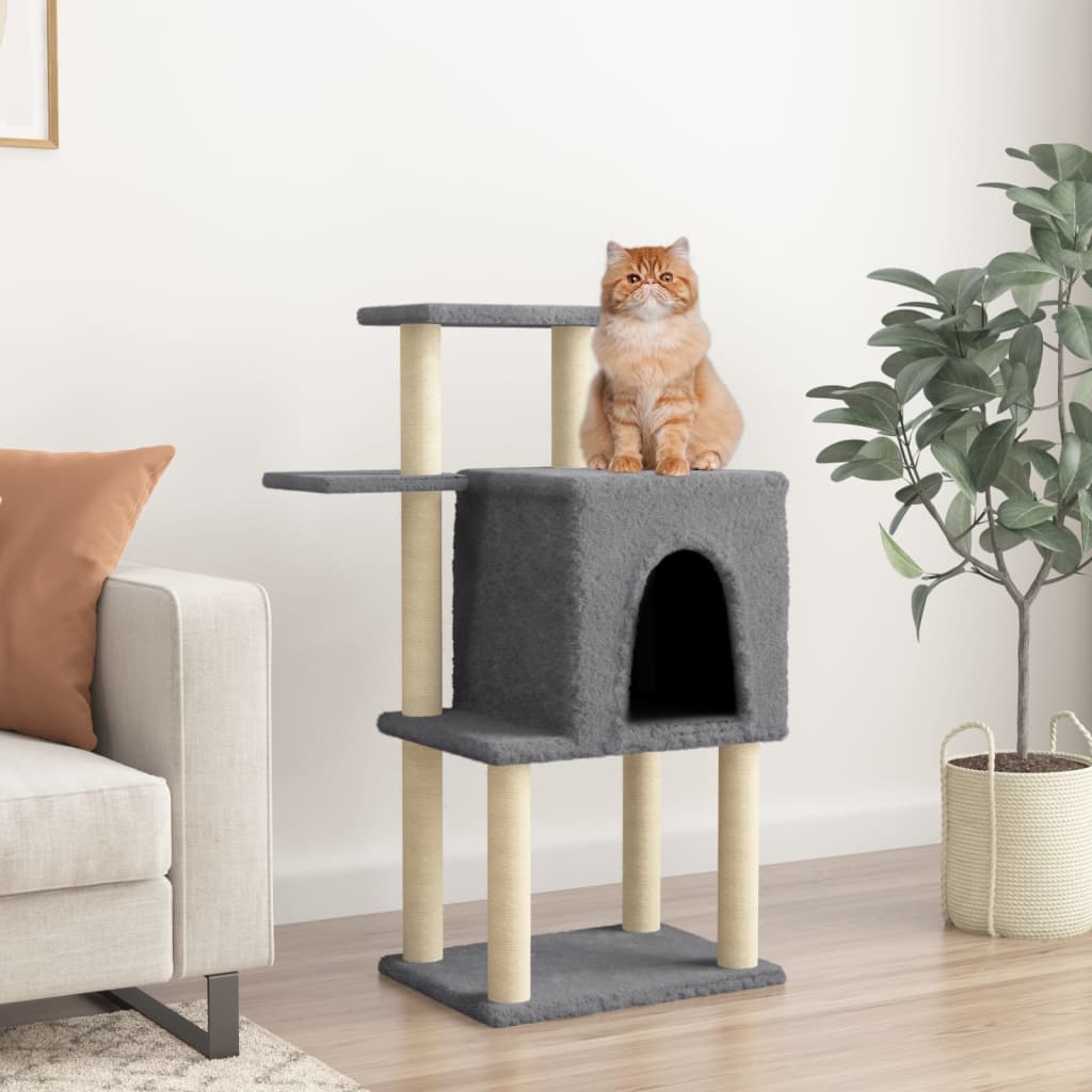 Cat house with sisal rope scratching posts, dark grey, 97 cm