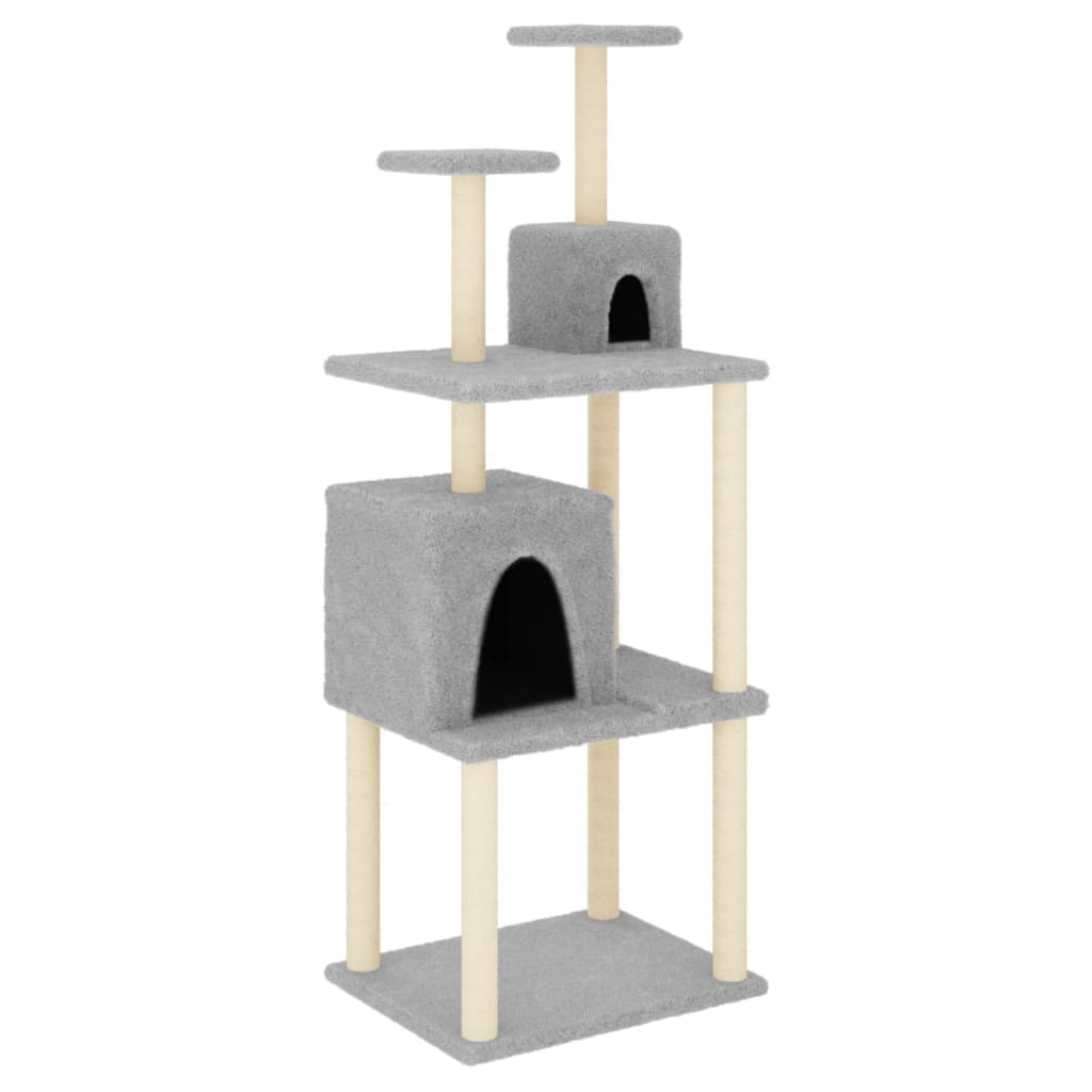 Cat house with sisal rope and scratching post, light grey, 167 cm