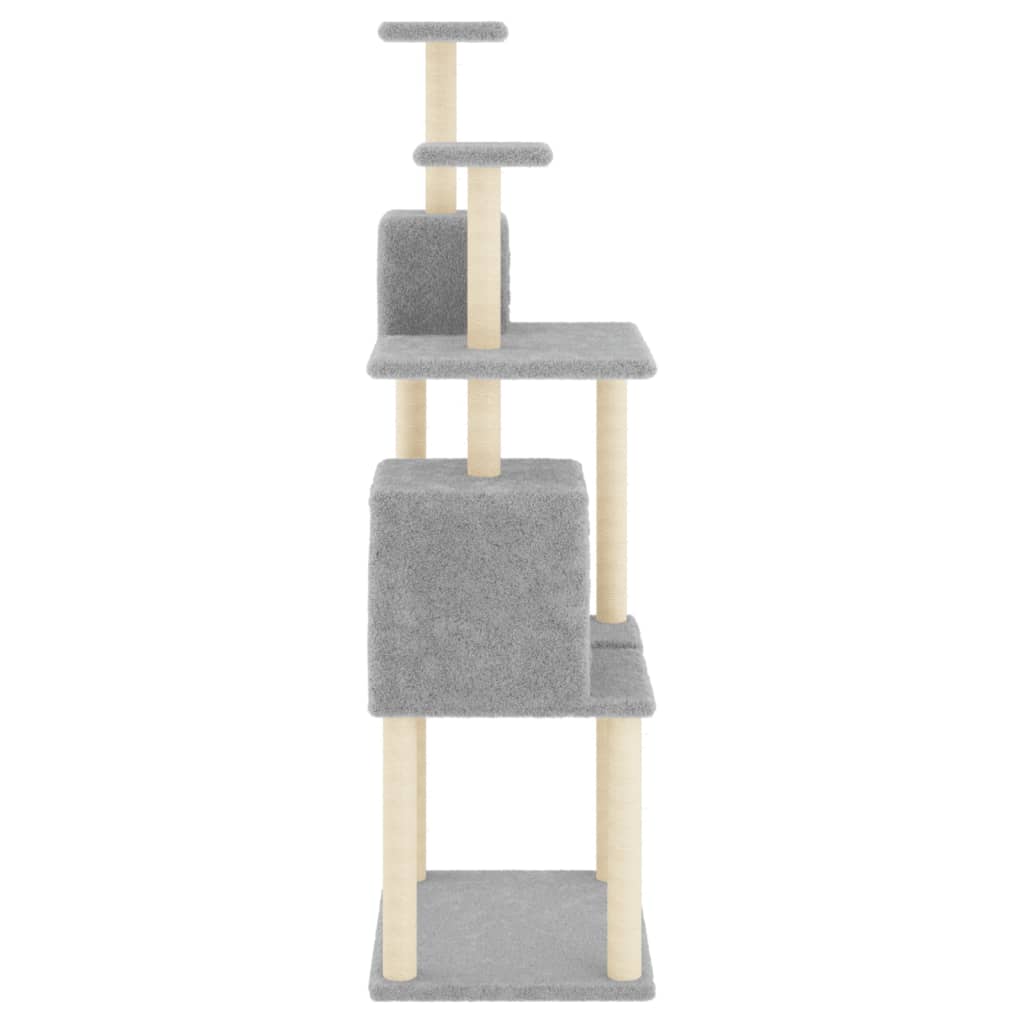 Cat house with sisal rope and scratching post, light grey, 167 cm