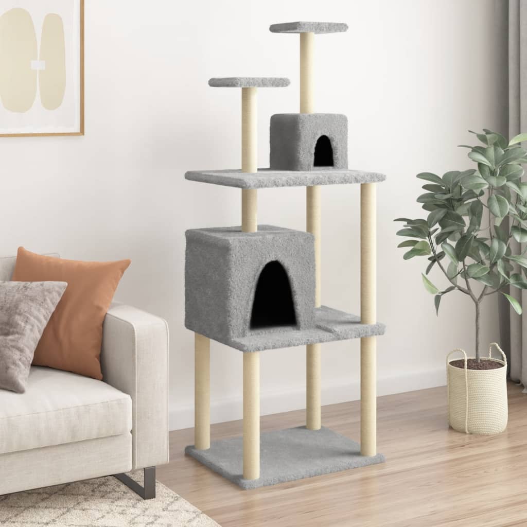 Cat house with sisal rope and scratching post, light grey, 167 cm