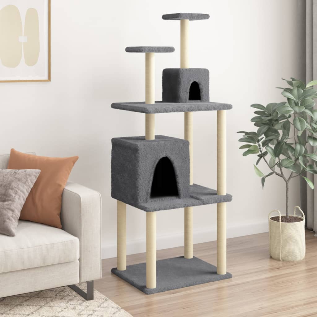 Cat house with sisal rope and scratching post, dark grey, 167 cm