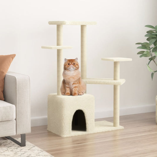 Cat house with sisal rope and scratching post, cream, 107.5 cm