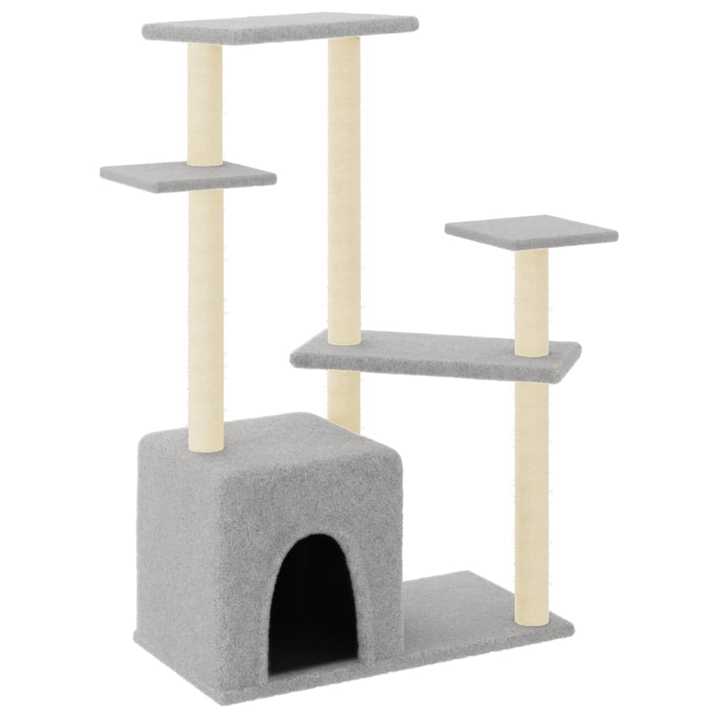 Cat house with sisal rope and scratching post, light grey, 107.5 cm