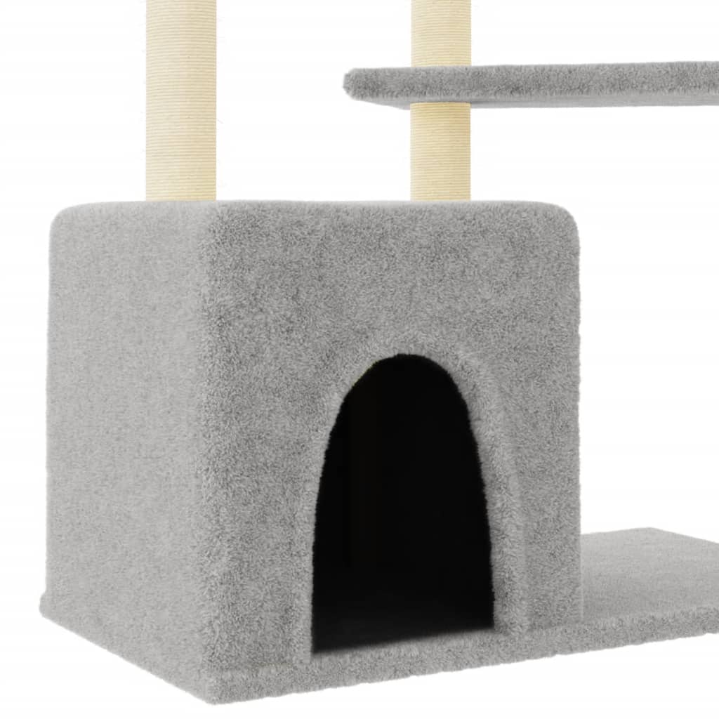 Cat house with sisal rope and scratching post, light grey, 107.5 cm