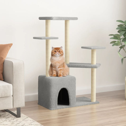 Cat house with sisal rope and scratching post, light grey, 107.5 cm