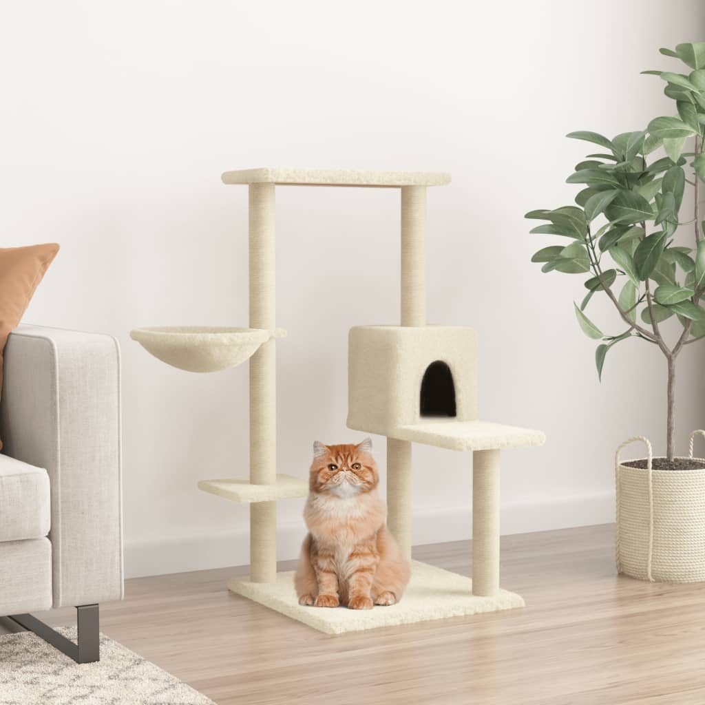 Cat house with sisal rope scratching posts, cream, 95 cm