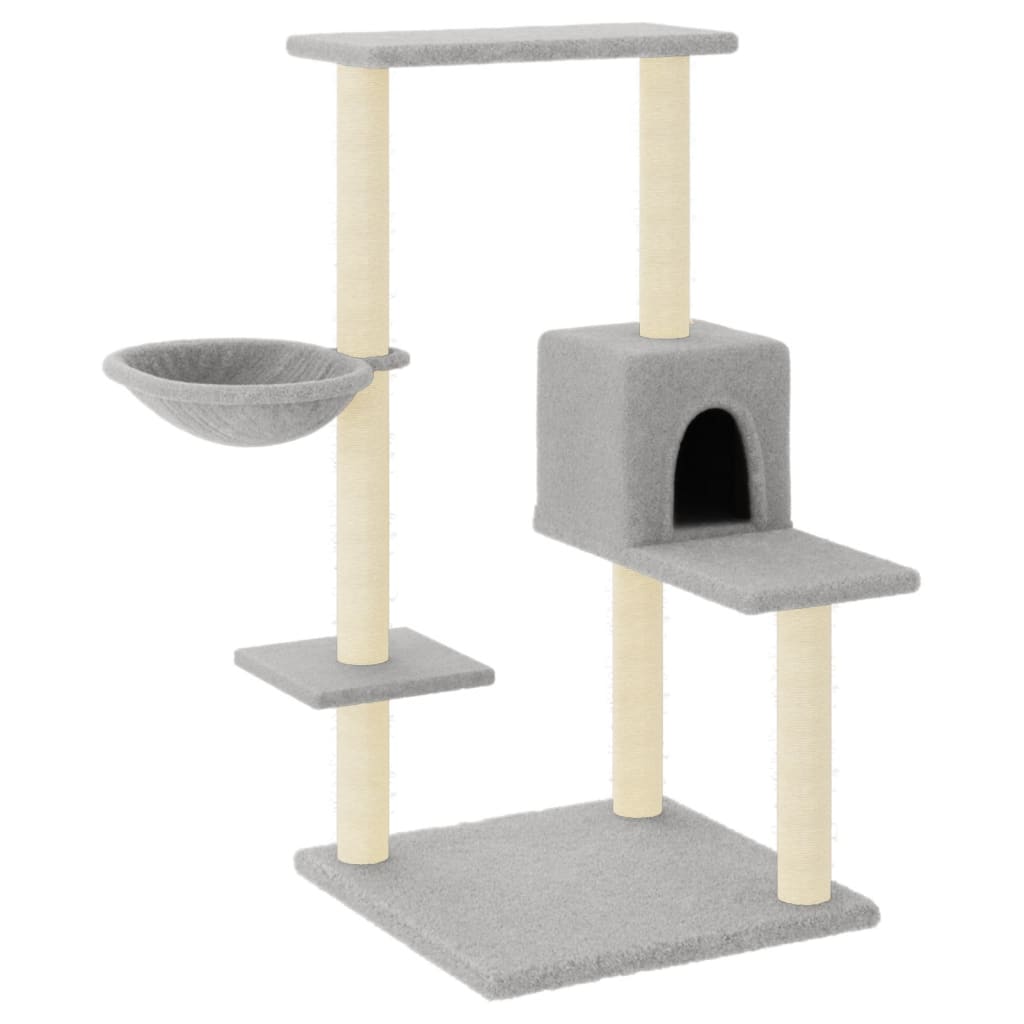 Cat house with sisal rope scratching posts, light grey, 95 cm