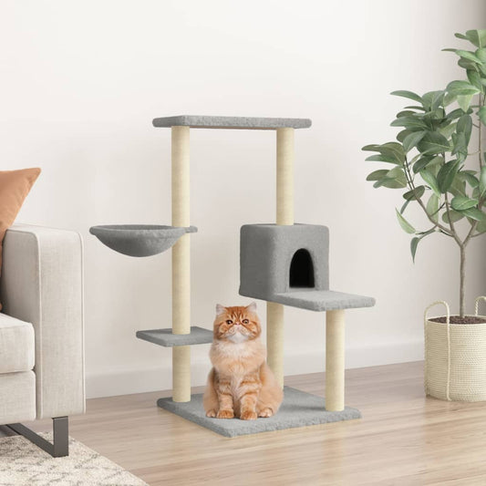 Cat house with sisal rope scratching posts, light grey, 95 cm