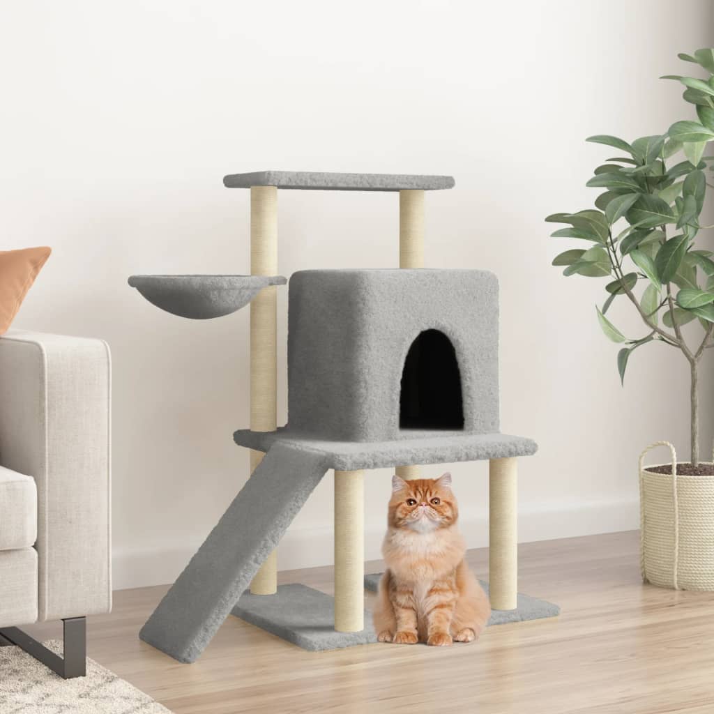 Cat house with sisal rope scratching posts, light grey, 96.5 cm