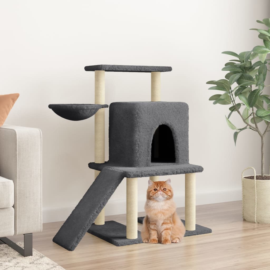 Cat house with sisal rope scratching posts, dark grey, 96.5 cm