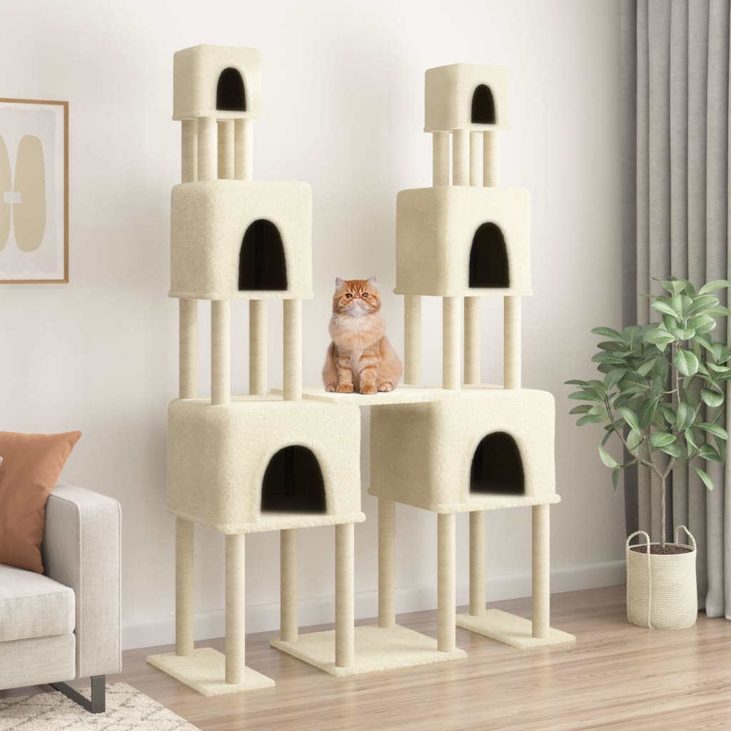 Cat house with sisal rope scratching posts, cream, 199 cm