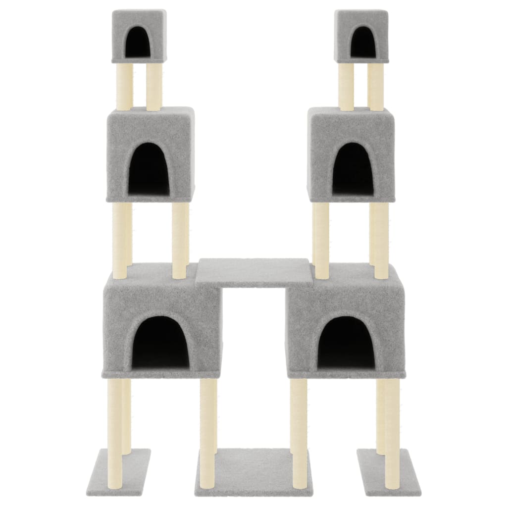 Cat house with sisal rope and scratching post, light grey, 199 cm