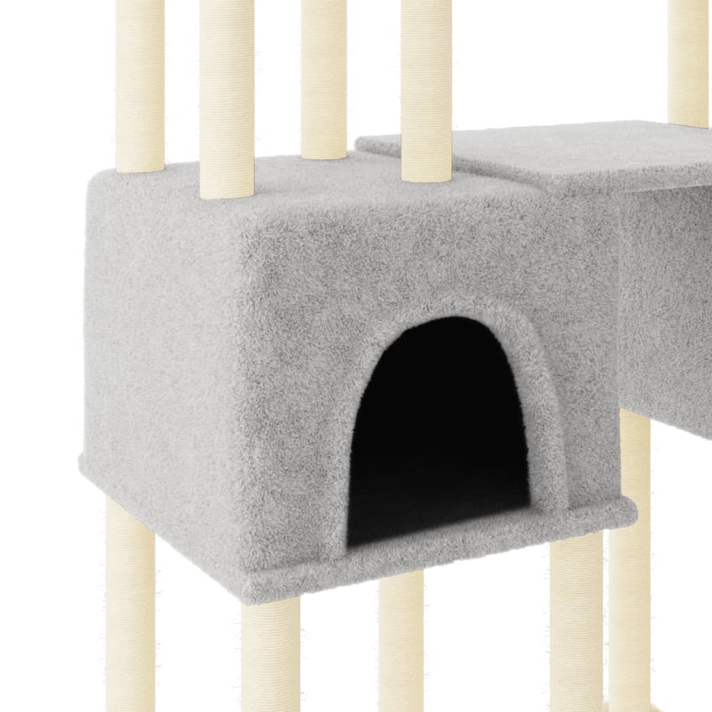 Cat house with sisal rope and scratching post, light grey, 199 cm