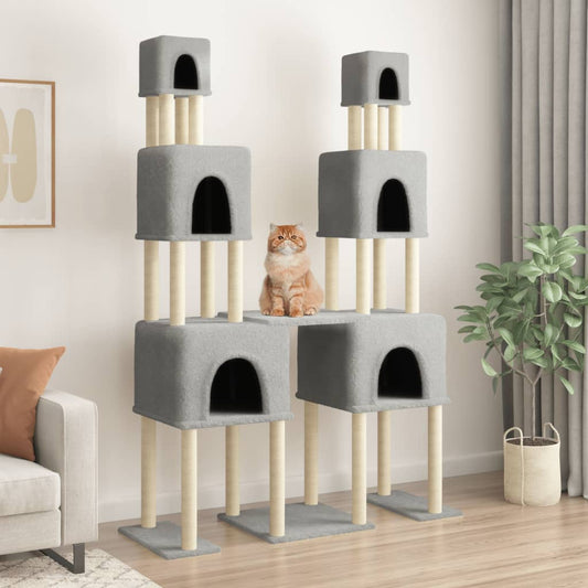 Cat house with sisal rope and scratching post, light grey, 199 cm