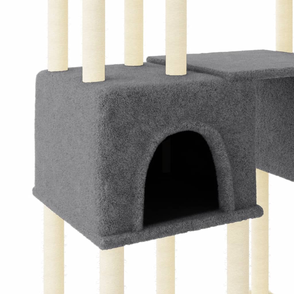 Cat house with sisal rope scratching posts, dark grey, 199 cm