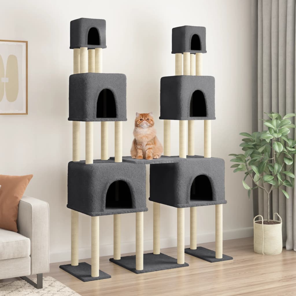 Cat house with sisal rope scratching posts, dark grey, 199 cm